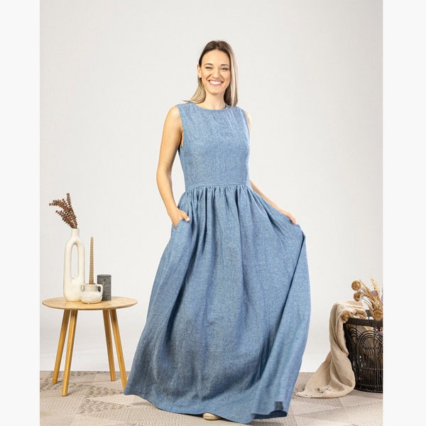 Full Length Linen Powder Blue Smock Dress, Flattering Plus Size Kaftan Abaya, Summer Outfit for Wedding Event,Sleeveless Natural Linen Dress
