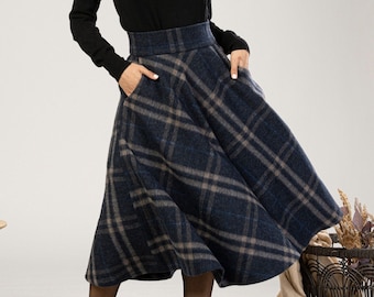 Tartan Wol Midi Rok, Hoge Taille Geruite Rok, Plus Size Winterrok, Check Bell Circle Rok, Wollen Wandelrok, Jaren 40 Stijl Rok