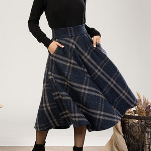 Tartan Wool Midi Skirt, High Waist Plaid Skirt, Plus Size Winter Skirt, Check Bell Circle Skirt, Wool Walking Skirt, 1940s Style Skirt Plaid (on pic)