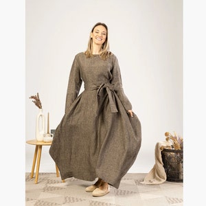 Flowy Voluminous Maxi Linen Dress with Belt, Plus Size Baggy Balloon Dress, Brown Melange Modest Linen Dress, Asymmetric Summer Abaya Dress