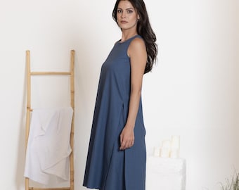 Linen Tunic Top, Slate Blue Linen Blouse, Avant Garde Clothing, Linen Tunic Slit Dress, Sleeveless Tunic Top, Linen Loungewear Tank Top