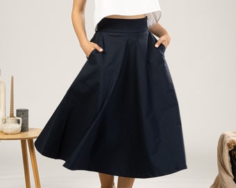 High Waisted Navy Flare Skirt, Bell-Shaped Special Occasions, Extravagant Plus Size Midi Skirt, Edwardian Walking Dark Blue Cotton Skirt