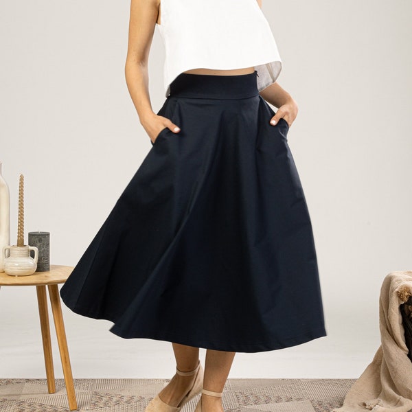 Hoch taillierter Marine-Flare-Rock, glockenförmiger besonderer Anlass, extravaganter Plus-Size-Midi-Rock, Edwardian Walking Dark Blue Cotton Rock