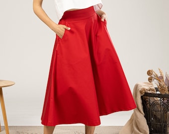 High Waist Red Skirt, Bold Red Summer Statement Skirt, High Rise Waistband Dressy Skirt, Beach Bohemian Below The Knee Skirt,Plus Size Skirt