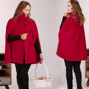 Raspberry Red Cape Coat, Petite Wool Jacket, Plus Size Warm Cloak, High Neck Coat, Mid Length Cottagecore Style Cape, Elegant Forest Cloak