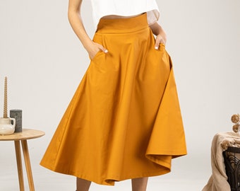 Midi Flared Circle Skirt for Summer, Mustard Yellow Cotton Skirt, Wedding Guest Outfit Skirt, Waistband Pockets Skirt, Natural Peasant Skirt