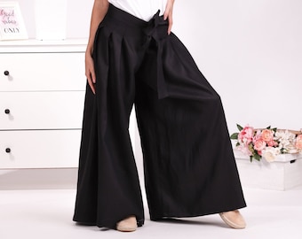 Japanese Inspired Linen Trousers, Wide Leg Pants with Tie, Summer Skirt Pants, High-Waisted Boho Trousers, Relaxed Baggy Palazzo Pants
