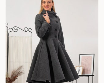 Wool Princess Coat, Fit and Flare Overcoat, Asymmetric High Collar Full Skirt Coat, Gray Winter Jacket Coat, Buttons Coat with Cuffs