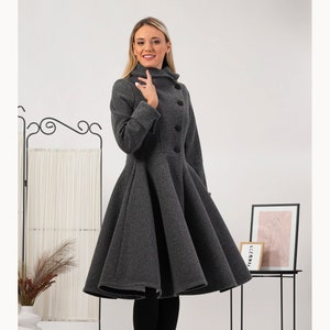 Wool Princess Coat, Fit and Flare Overcoat, Asymmetric High Collar Full Skirt Coat, Gray Winter Jacket Coat, Buttons Coat with Cuffs