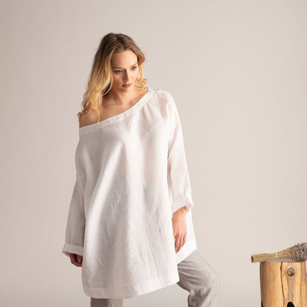 Leinen One Shoulder Plus Size Top, weiße Sommer Tunika für Damen, semi-transparentes Leinen Poncho Top, übergroßes Blusenkleid, natürliche Kleidung