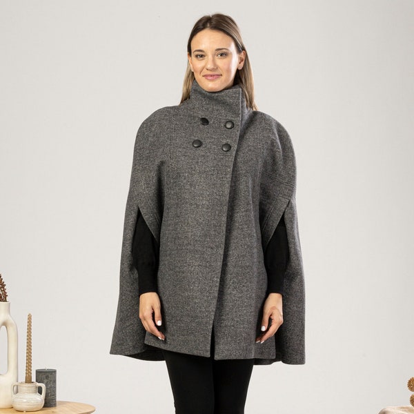 Wool Cape Coat, Dark Gray Pea Coat, Winter Overoat with Buttons, Wool Poncho Coat, High Collar Cloak Coat, Winter Swing Coat, Plus Size