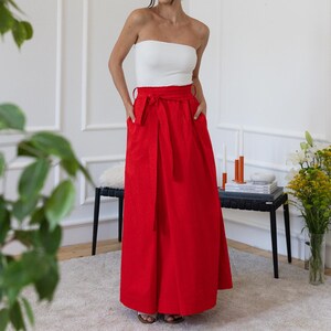 High Waisted Cotton Skirt with Belt, A-Line Summer Cocktail Skirt, Floor Length Skirt, Plus Size Clothing, Gathered Red Long Skirt
