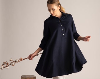 Plus Size Linen Clothing for Ladies, Navy Blue Tunic Top, Dressy Shirt Blouse, Prairie Loose Summer Tunic, Oversized Beach Cover Up Blouse