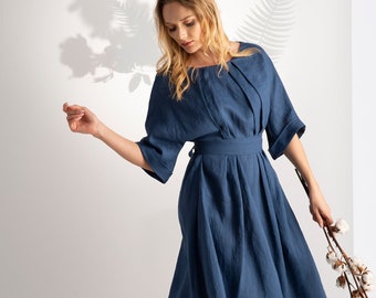 Linen Wedding Guest Dress, Linen Cottagecore Slate Blue Dress, Plus Size Linen Clothing, Summer Party Dress, Guest Wedding Clothing