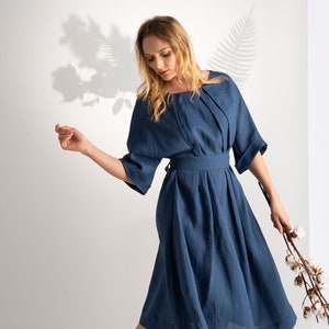 Leinen Hochzeit Gastkleid, Leinen Cottagecore Schieferblaues Kleid, Leinen Kleidung, Leinen Sommerkleid mit Gürtel, Hochzeitskleid für Gäste