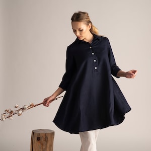 Plus Size Linen Clothing for Ladies, Navy Blue Tunic Top, Oversized Linen Shirt, Prairie Loose Summer Tunic, Oversized Beach Cover Up Blouse