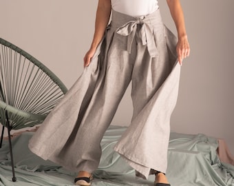 Wrap Linen Skirt Pants, Fisherman Thai Pants, Summer Wedding Guest Pants, Natural Linen Maxi Pants, Japanese Style Pleated Palazzo Pants