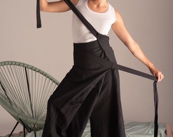 Drop Crotch Minimalist Hakama Pants, Japanese Linen Clothing, Summer Linen Harem Pants, High-Waisted Wide Leg Pants,Ladies Yoga Skirt Pants