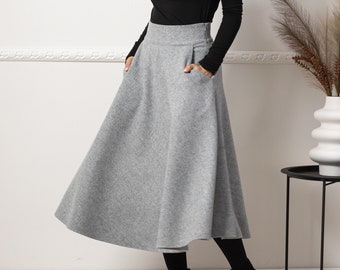 Hoge taille wollen midi rok met riem, plus size winterrok, bescheiden klokcirkelrok, uitlopende wollen wandelrok, jaren 1940 stijl vloeiende rok
