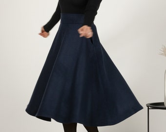 Wool Dark Blue Midi Skirt, High Waist Swing Skirt, Petite Winter Skirt, Wool Walking Skirt, 1950s Style Skirt, Skater Rockabilly Skirt