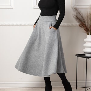 High Waist Wool Midi Skirt with Belt, Plus Size Winter Skirt, Modest Bell Circle Skirt, Flared Wool Walking Skirt, 1940s Style Flowy Skirt