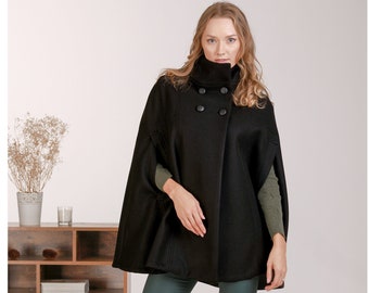 Winter Formal Wool Cape Coat, Black Plus Size Poncho Coat, Double Breasted Cape Jacket, Short Woolen Cloak, Warm 1970s Style Buttons Cape