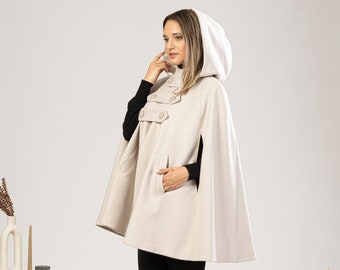 Hooded Back-Pleated Cape Coat, Sleeveless Jacket Coat, Festive Women Outfit, 1960s Style Romantic Wool Mix Overcoat - 6 Colors Available