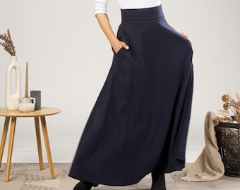 Wool Outlander Scottish Style Skirt, Warm Maxi Plus Size Skirt, Victorian Floor Length Skirt, High Waisted Woolen Blanket Skirt with Pockets