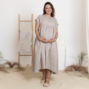 Linen Natural Midi Dress, Maternity Linen Dress, Empire Waist Linen Dress, Plus Size Pregnancy Clothes, Retro Style Linen Loose Dress