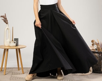 Flowy Black Cotton Maxi Skirt, Pleated Elegant Summer Black Skirt, Fit and Flare Edwardian Walking Skirt, Victorian Style Ladies Long Skirt