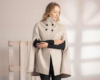 Winter Cape Coat, Elegant Swing Coat with Buttons, High Collar Cloak Coat, Extravagant Loose Woolen Mix Jacket Coat, Plus Size Beige Poncho