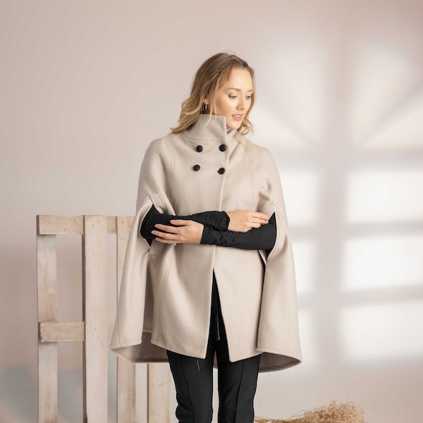 Wool Cape Coat, Winter Swing Coat with Buttons, High Collar Cloak Coat, Extravagant Loose Woolen Jacket Coat, Plus Size Beige Poncho