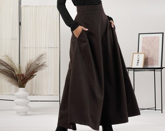 Edwardian-Inspired Soft Wool Ankle Length Skirt, Maxi Waistline Grace Skirt, Black Walking Pockets Skirt, Winter A Line Plus Size Skirt