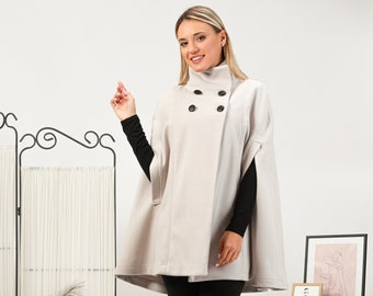 Bridal Double Breasted Cape Coat for Winter, Warm & Cozy Ivory Capelet, Vintage Inspired Stand Collar Coat, Wool Mix Walking Cape Cloak