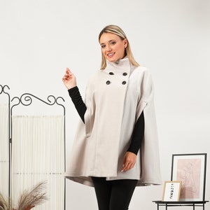 Bridal Wool Cape Coat for Winter, Warm & Cozy Ivory Capelet, Vintage Inspired Stand Collar Coat, Loose Fitting Walking Cape Cloak