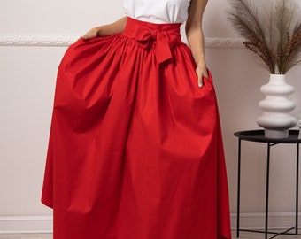 Red Maxi Cotton Skirt, Long Flared Skirt with Bow, Plus Sizes Clothing, 1940s Inspired Elegant Skirt, Full High-Waisted Formal Flowy Skirt