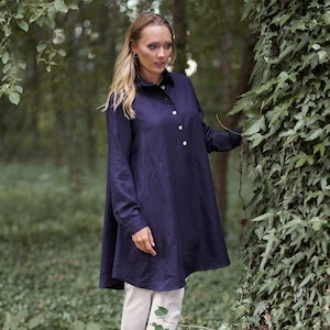 Plus Size Navy Blue Linen Tunic Top, Trapeze Silhouette Short Dress with Back Pleat & Collar, Wide Oversized Linen Shirt Top, Linen Blouse