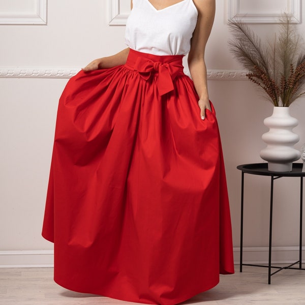 Rode maxi katoenen rok, lange uitlopende rok met strik, plus maten kleding, jaren 1940 geïnspireerde elegante rok, volledige hoge taille formele flowy rok