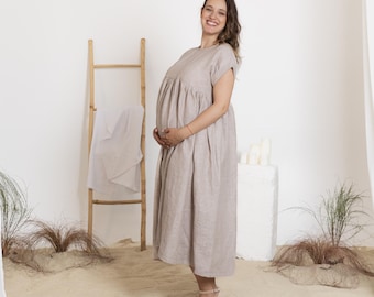 Linen Natural Midi Dress, Maternity Linen Dress, Empire Waist Linen Dress, Plus Size Pregnancy Clothes, Retro Style Linen Loose Dress