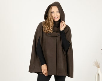 グリーンフード付きウールケープコートレディース、冬用ウールマント