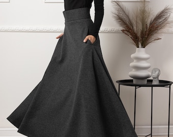 Formal Victorian Maxi Skirt, Dark Academia Clothing, Edwardian Walking Wool Skirt, Long Winter High Waist Skirt, Waistband Full Swing Skirt