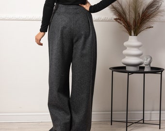 Elegant Wool Trousers Pants, High Waist Baggy Pants, Gray Woolen Palazzo Pants, Maxi Pleated Trousers for Winter, Plus Size Available