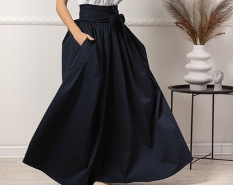 Maxi Victoriaanse volledige cirkel rok, hoog getailleerde elegante donkerblauwe rok, Edwardiaanse zware katoenen baljurk rok, plus size lange formele rok