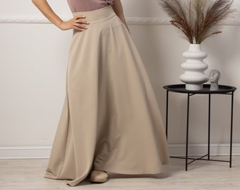 Beige Victorian Walking Skirt, Maxi Light Academia Skirt, Long Flared Skirt with Pockets, Plus Size Spring Clothing,Bell-Shaped Formal Skirt