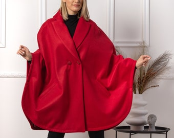 Plus Size Winter Cape Coat, Red Wool Overcoat for Ladies, Elegant Oversized Jacket, Dressy Cape Blazer, Stylish Cape with Arm Slits & Lapel