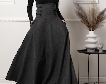 High Waist Victorian Skirt, Edwardian Walking Skirt, Dark Academia Wool Maxi Gored Skirt With Pockets, Plus Size Steampunk Circle Bell Skirt