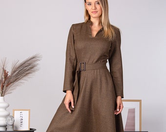 Elegant Wool Maxi Dress, Brown Church Dress, Woolen 50s Circle Skirt Dress, Modest Winter Dress for Ladies, Maxi A Line Wool Collar Dress