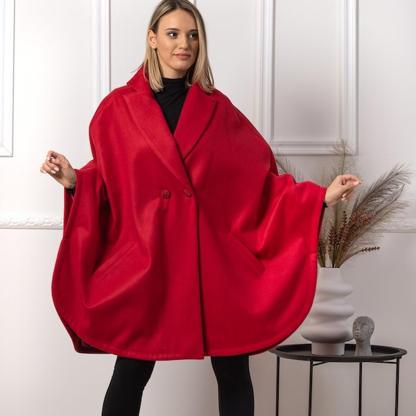 Plus Size Winter Cape Coat, Red Wool Overcoat for Ladies, Elegant Oversized Jacket, Dressy Cape Blazer, Stylish Cape with Arm Slits & Lapel