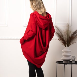 Red Hooded Tunic Sweatshirt, Pleated Asymmetrical Loose Hoodie with Pockets, Extravagant Oversize Blouse for Women, Plus Sizes Available