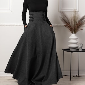 High Waist Victorian Skirt, Edwardian Walking Skirt, Steampunk Clothing, Dark Academia Wool Maxi Pocket Skirt, Plus Size Circle Bell Skirt